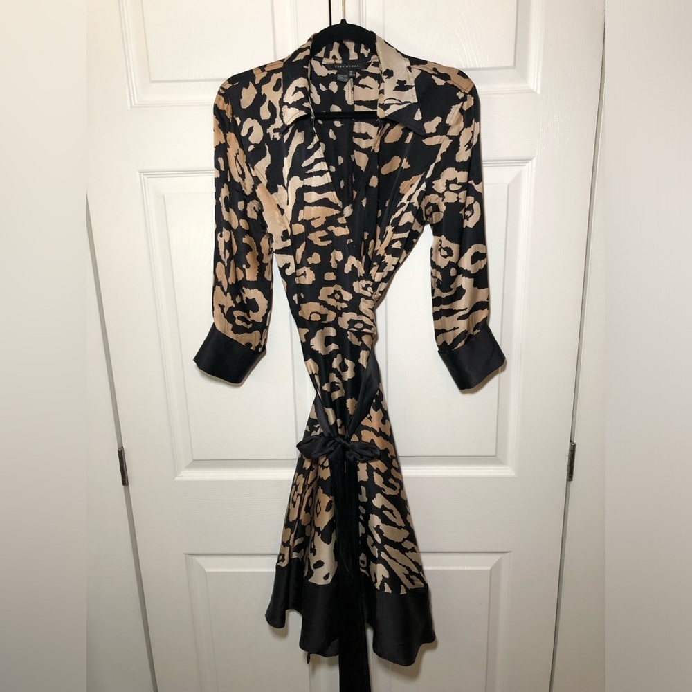 Zara Woman 100% Silk Vintage Style Cheetah Wrap Dress Size L